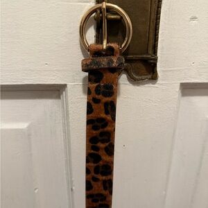 Leopard Print Vegan Cowlick Leather Belt with Gold Buckle